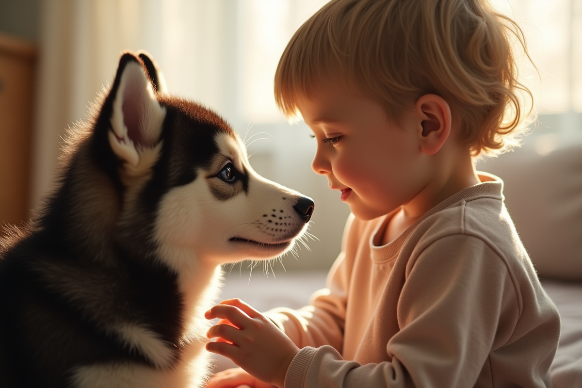 Enfant caressant un husky dans une maison chaleureuse