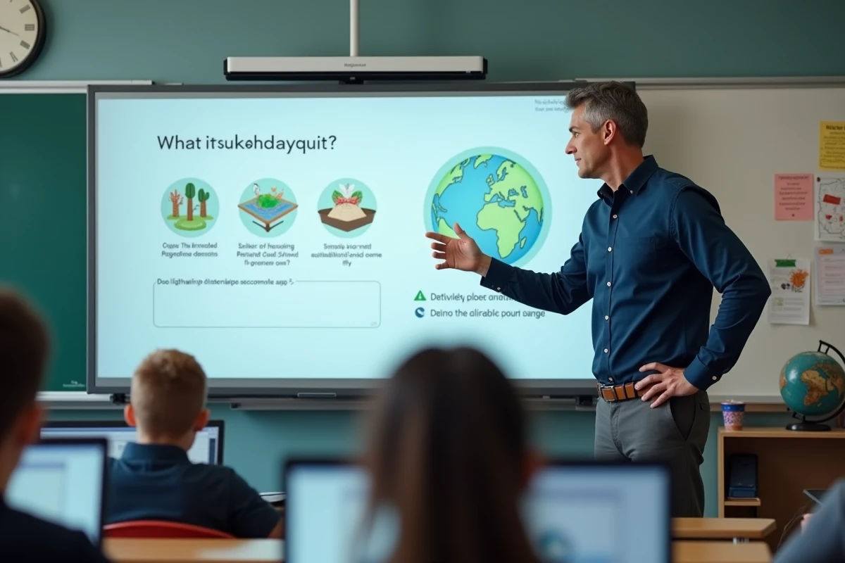Enseignant présentant un quiz Google sur le développement durable à sa classe sur tableau interactif