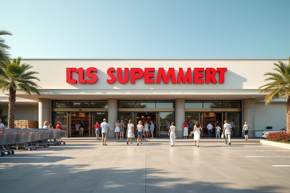 Entrée d'un supermarché ouvert le dimanche à Montpellier avec des clients qui font leurs courses