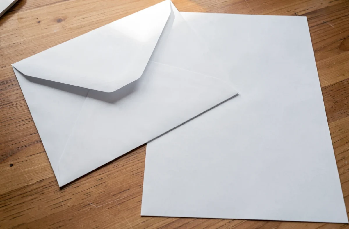 Enveloppe blanche posée sur un bureau à côté d'une feuille