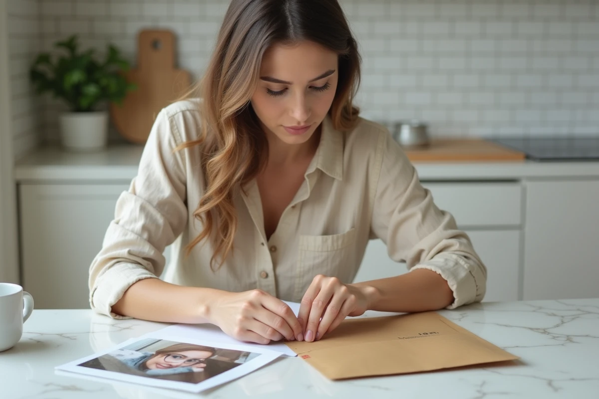 Jeune femme glissant des photos et un courrier dans une enveloppe matelassée à la maison