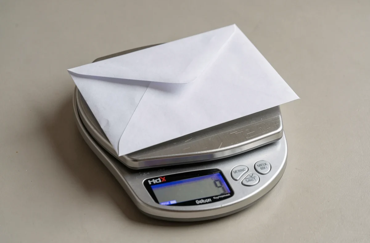 Enveloppe posée sur une balance de cuisine numérique