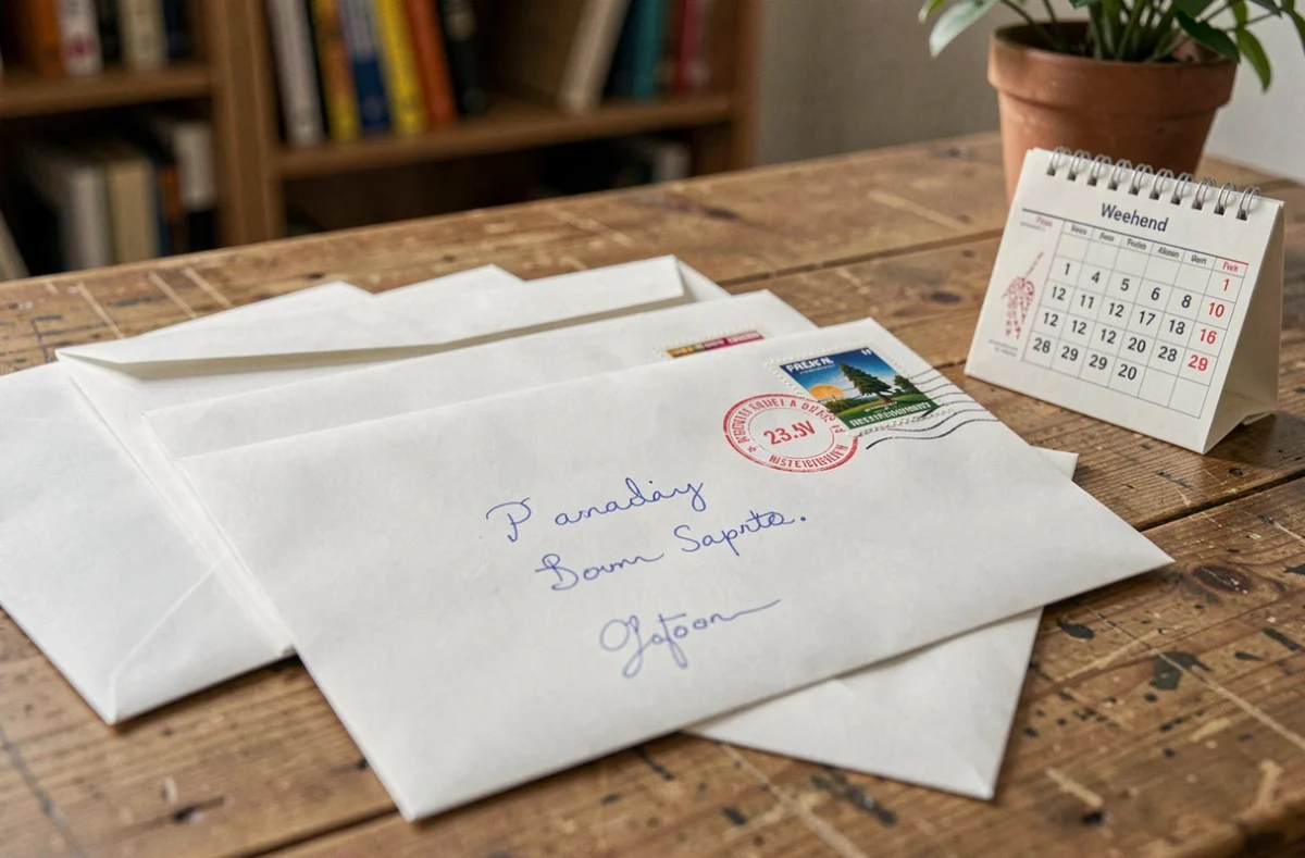 Lettres postées un samedi avec timbre et cachet de La Poste bien visible sur enveloppe