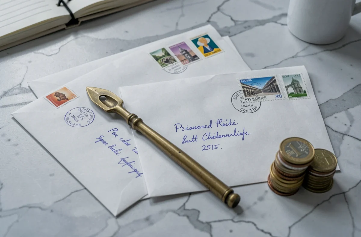 Enveloppes affranchies avec timbres français et pièces de monnaie sur un bureau en marbre, illustration des tarifs postaux 2026