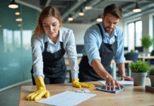 Équipe de nettoyage professionnel dans un bureau moderne