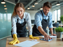 Équipe de nettoyage professionnel dans un bureau moderne