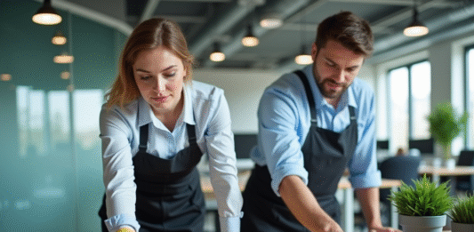 Choisir la meilleure prestation de nettoyage pour vos locaux professionnels : les critères essentiels Équipe de nettoyage professionnel dans un bureau moderne