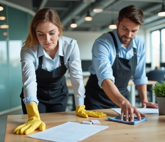 Choisir la meilleure prestation de nettoyage pour vos locaux professionnels : les critères essentiels Équipe de nettoyage professionnel dans un bureau moderne