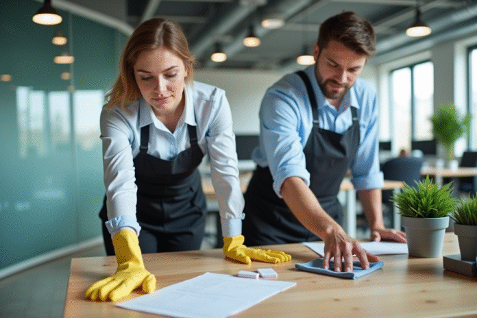 equipe-nettoyage-bureau Équipe de nettoyage professionnel dans un bureau moderne