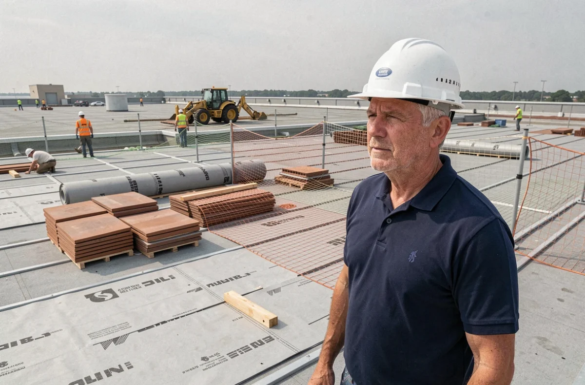 Responsable des Établissements Alleon supervisant un chantier de couverture industrielle à grande échelle