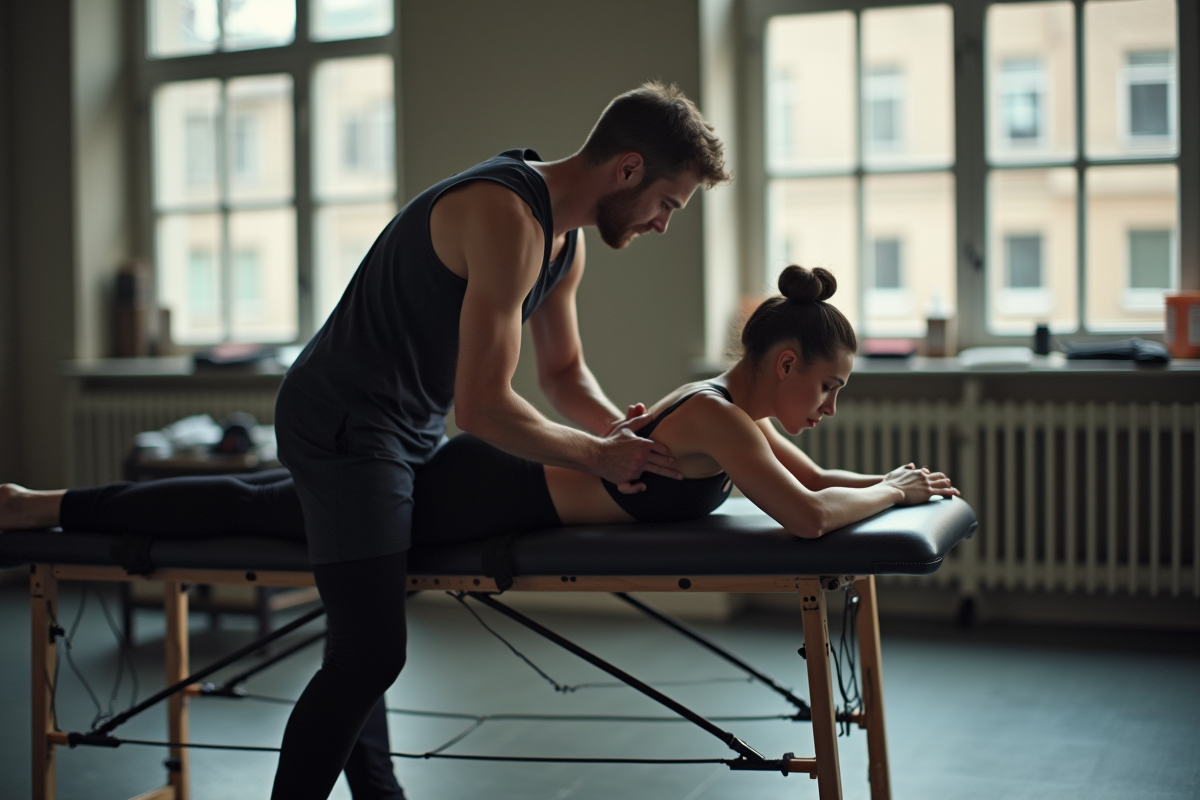 Kinésithérapeute étirant un danseur en coulisses avec lumière naturelle