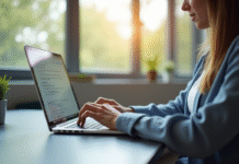 Étudiant au bureau moderne utilisant un ordinateur portable pour naviguer sur un portail académique