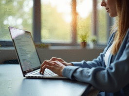 Étudiant au bureau moderne utilisant un ordinateur portable pour naviguer sur un portail académique