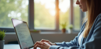 Étudiant au bureau moderne utilisant un ordinateur portable pour naviguer sur un portail académique