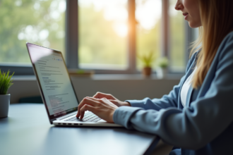 Étudiant au bureau moderne utilisant un ordinateur portable pour naviguer sur un portail académique
