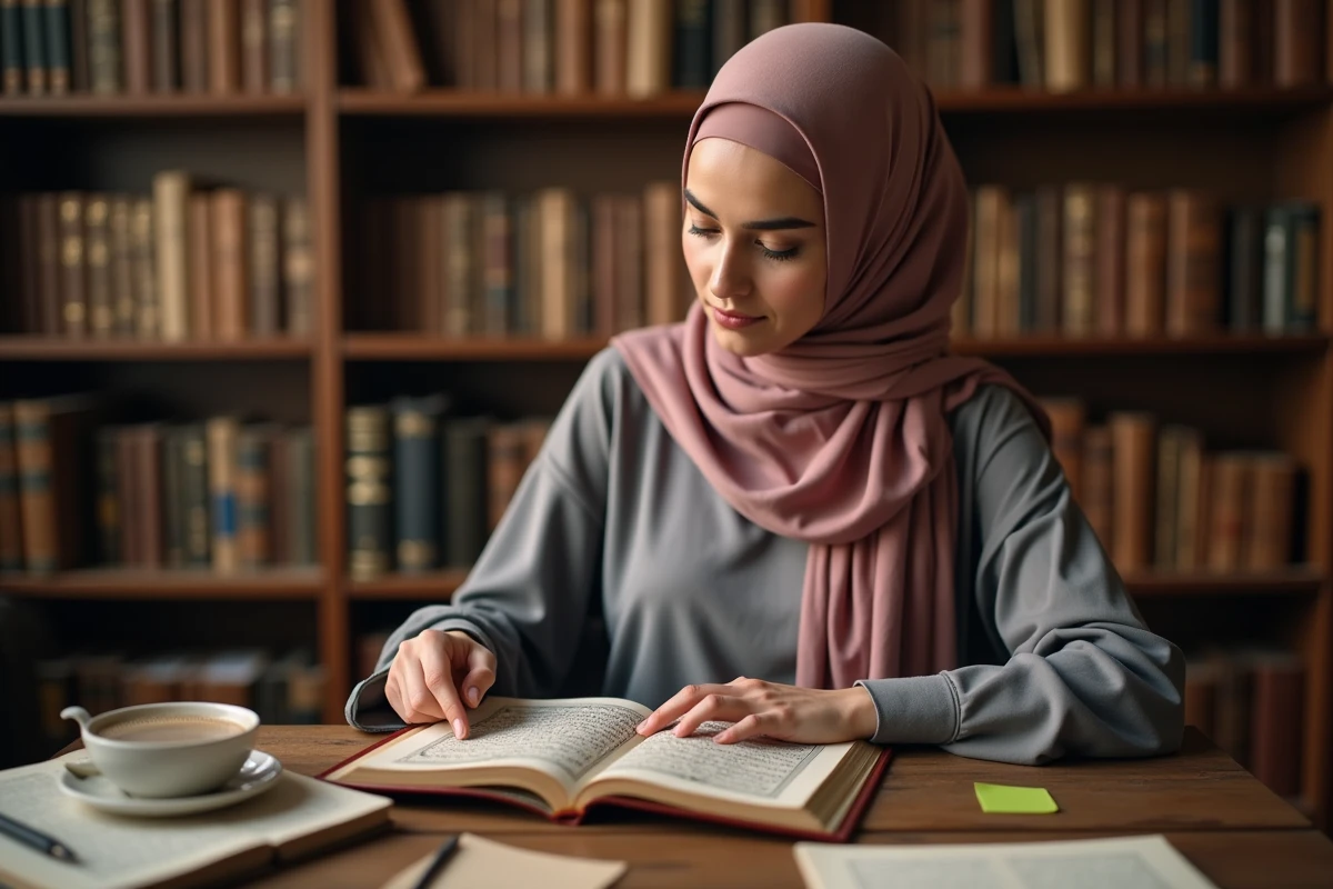Étudiante en sciences islamiques étudiant les versets de la sourate Al-Baqara avec des notes de tajweed dans une bibliothèque