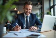 Cadre d'un executive en bureau moderne avec documents financiers