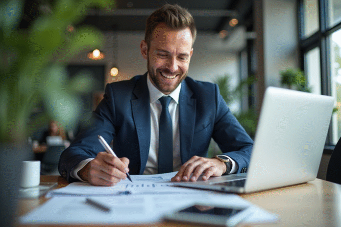 Cadre d'un executive en bureau moderne avec documents financiers