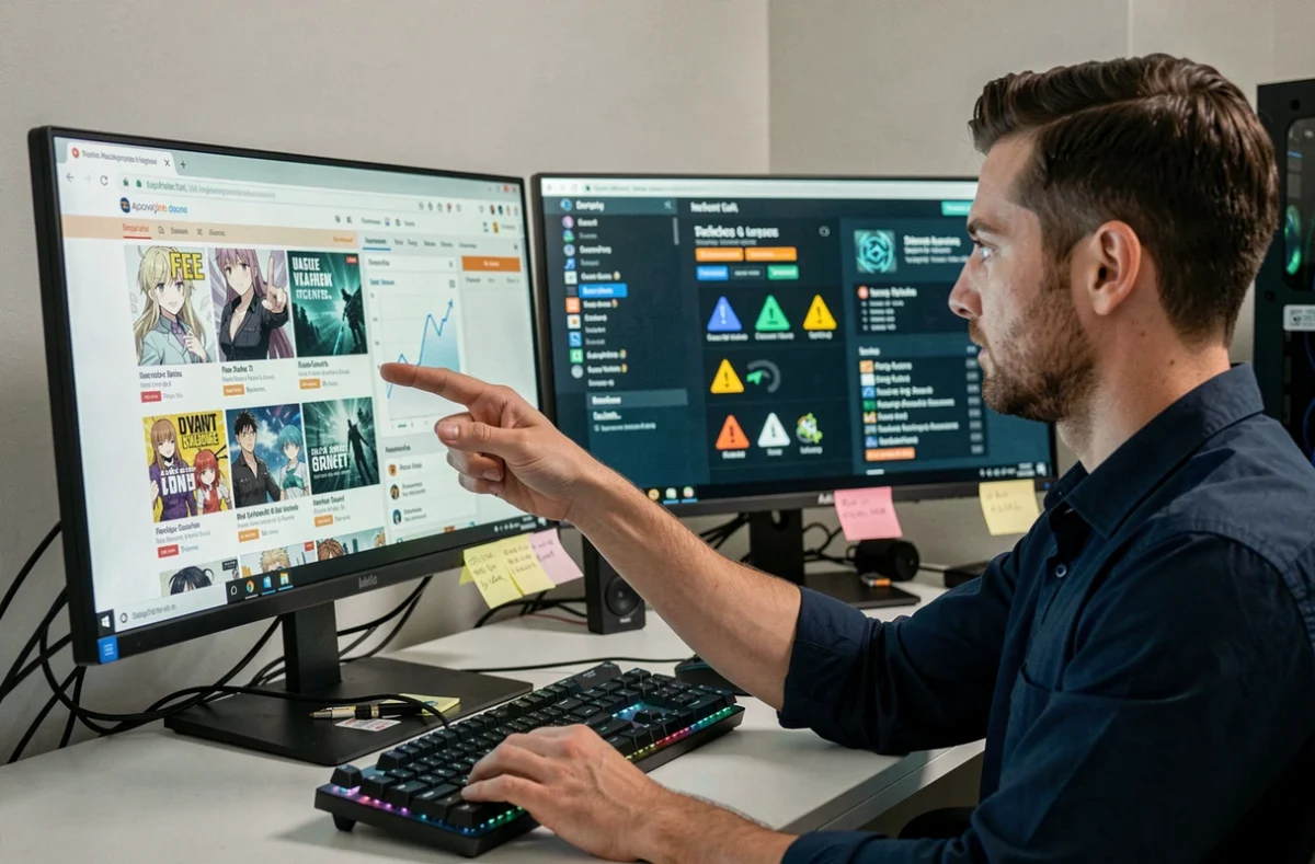 Expert en cybersécurité montrant les risques associés à la lecture de mangas sur des sites gratuits non sécurisés comme mngaforfree, avec tableau de bord de sécurité visible