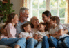Famille multigenerations souriante dans un salon lumineux