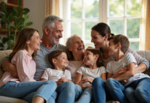 Famille multigenerations souriante dans un salon lumineux