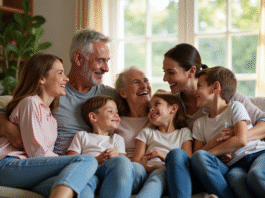 Famille multigenerations souriante dans un salon lumineux