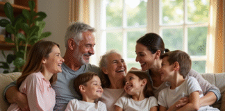 Famille multigenerations souriante dans un salon lumineux