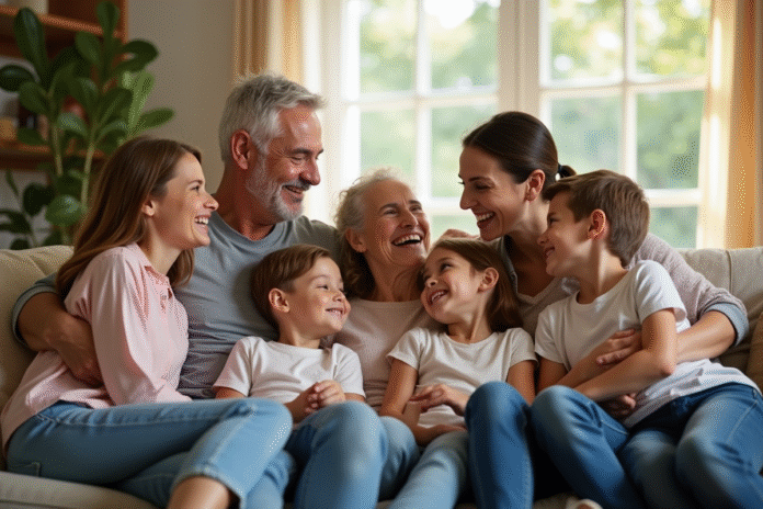 Famille multigenerations souriante dans un salon lumineux
