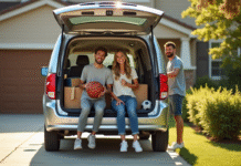 Famille déchargeant des équipements sportifs et courses dans une voiture propre