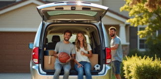 Famille déchargeant des équipements sportifs et courses dans une voiture propre