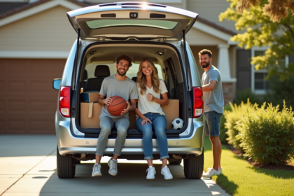 Famille déchargeant des équipements sportifs et courses dans une voiture propre