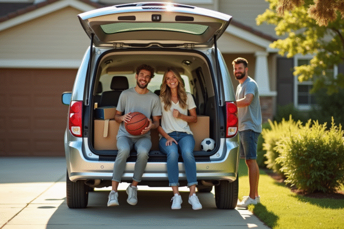 Famille déchargeant des équipements sportifs et courses dans une voiture propre