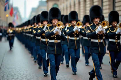 Fanfare militaire en uniforme de cérémonie défilant en formation sur une avenue pavée lors d'un défilé officiel