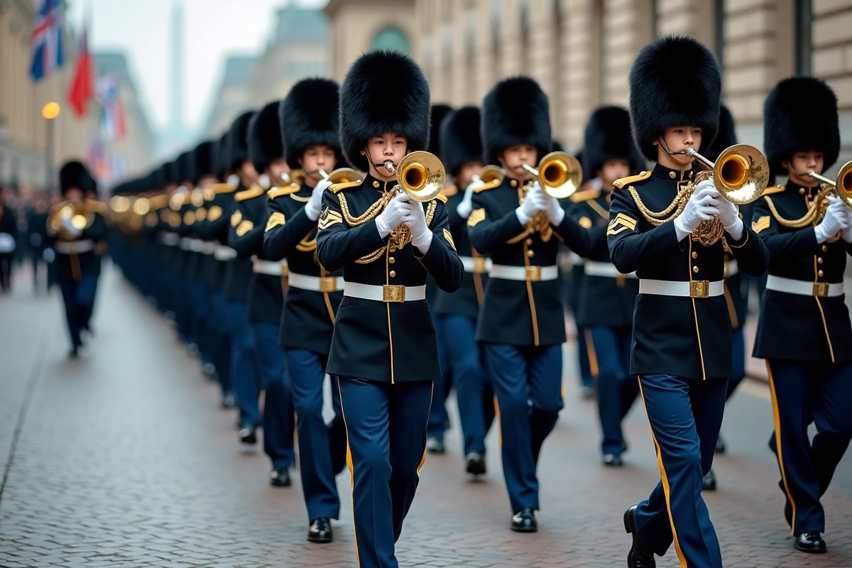 Fanfare militaire en uniforme de cérémonie défilant en formation sur une avenue pavée lors d'un défilé officiel