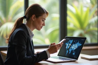 Femme d'affaires vérifiant l'heure sur son smartphone dans un bureau tropical