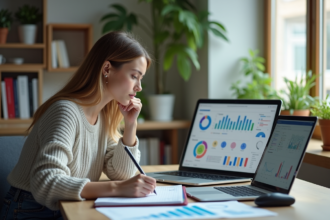 Jeune femme analysant des graphiques dans un bureau moderne