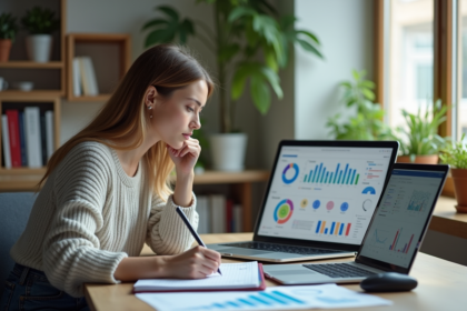 Jeune femme analysant des graphiques dans un bureau moderne