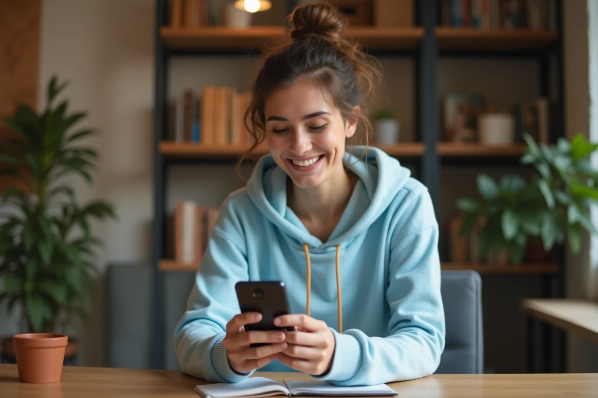 Jeune femme utilisant une application de jeu mobile sur son smartphone pour obtenir des pièces gratuites dans Coin Master