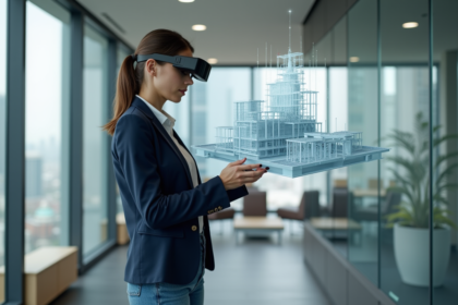Jeune femme en réalité augmentée dans un bureau moderne