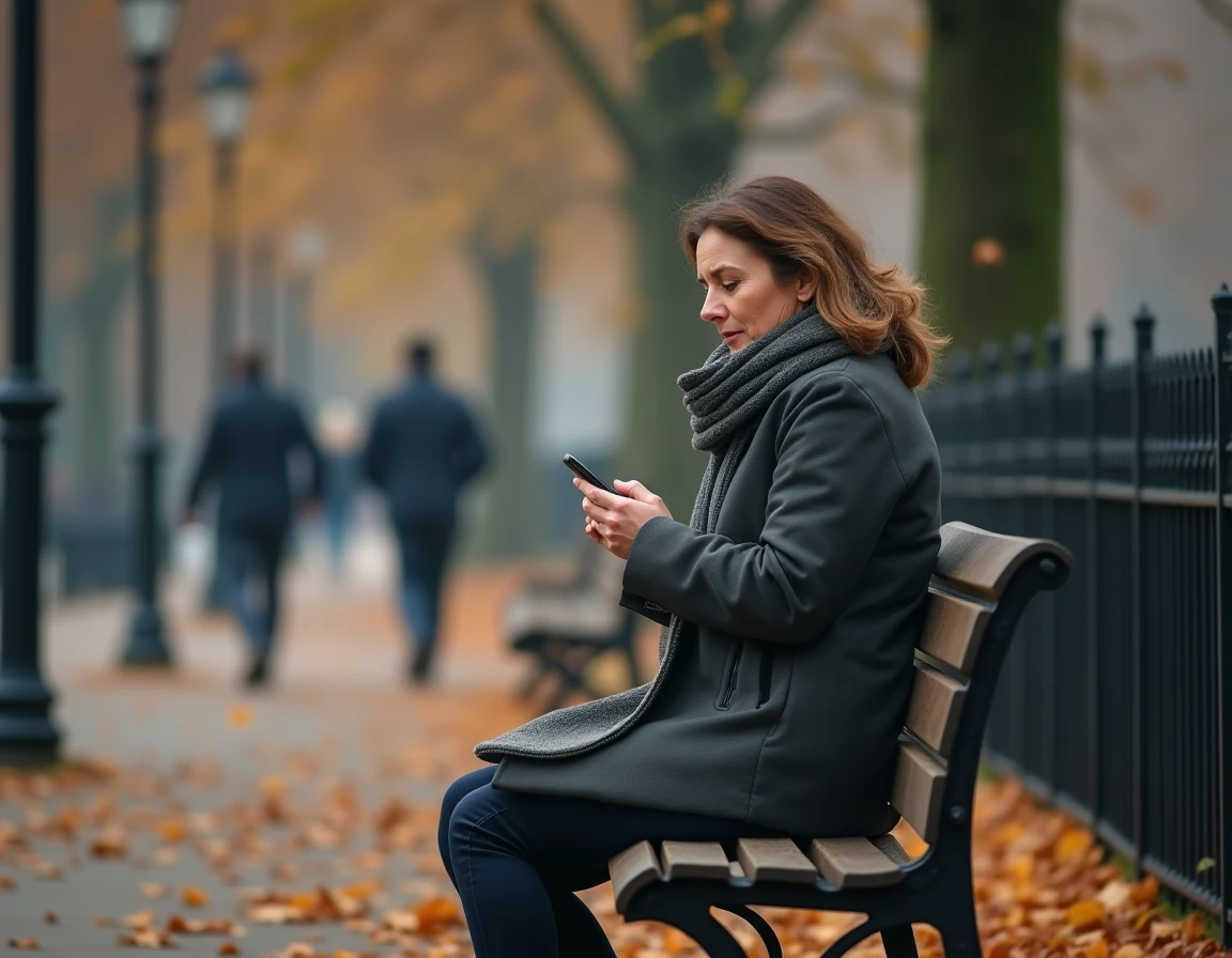 Femme seule sur un banc de parc en automne consultant son téléphone, symbolisant l'attente et l'incertitude face au silence d'un partenaire narcissique