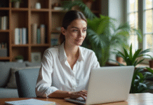 Femme utilisant son ordinateur pour la banque en ligne à la maison