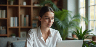 Femme utilisant son ordinateur pour la banque en ligne à la maison