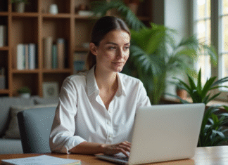 Femme utilisant son ordinateur pour la banque en ligne à la maison