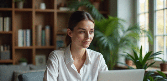 Femme utilisant son ordinateur pour la banque en ligne à la maison