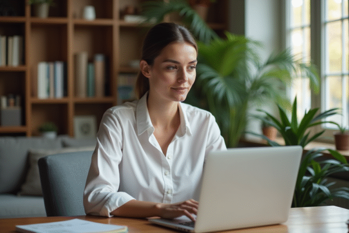 Femme utilisant son ordinateur pour la banque en ligne à la maison
