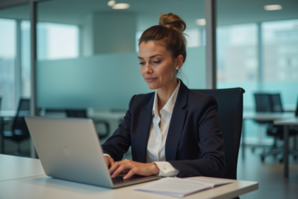 Femme d age moyen travaillant sur un ordinateur au bureau