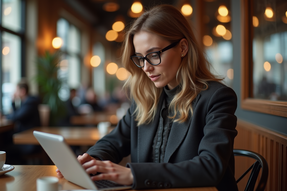Femme en blazer dans un café urbain utilisant une tablette