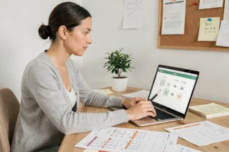 Femme utilisant un calculateur de différence de dates sur ordinateur portable avec calendriers et notes sur un bureau en bois