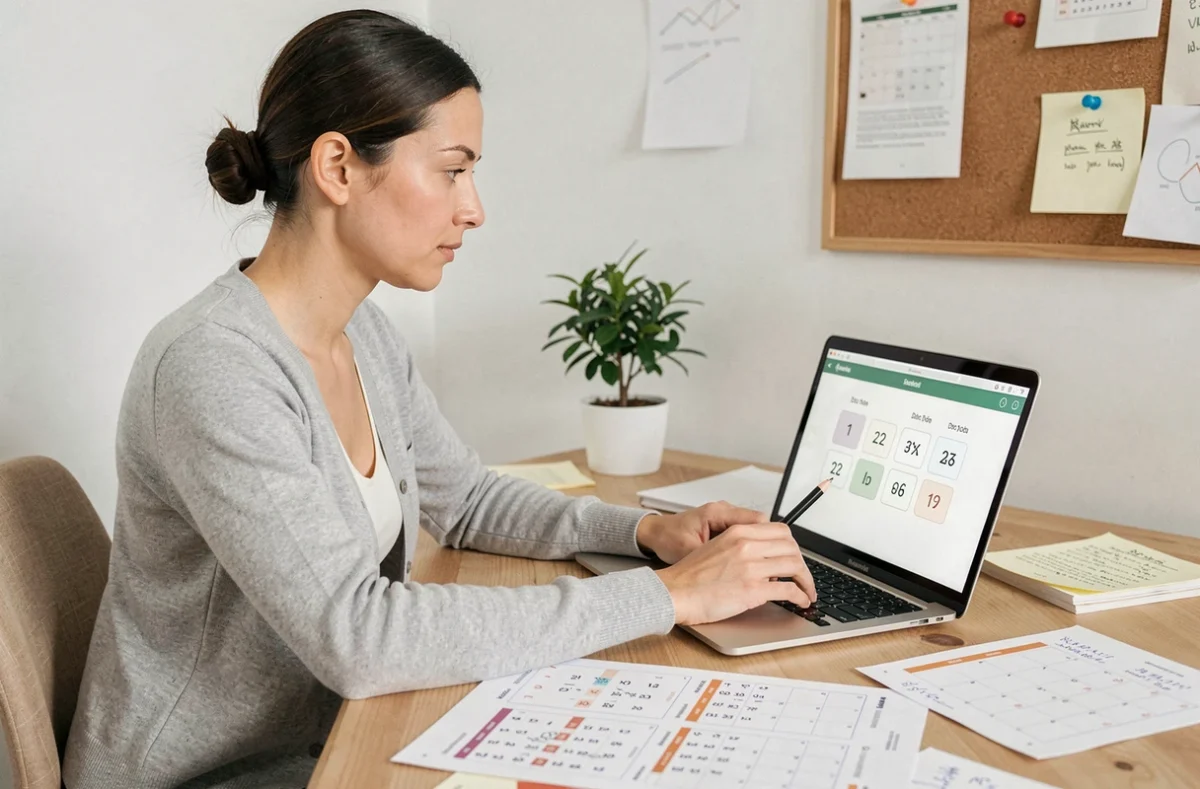 Femme utilisant un calculateur de différence de dates sur ordinateur portable avec calendriers et notes sur un bureau en bois