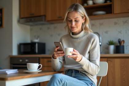 Femme française dans sa cuisine moderne utilisant son smartphone